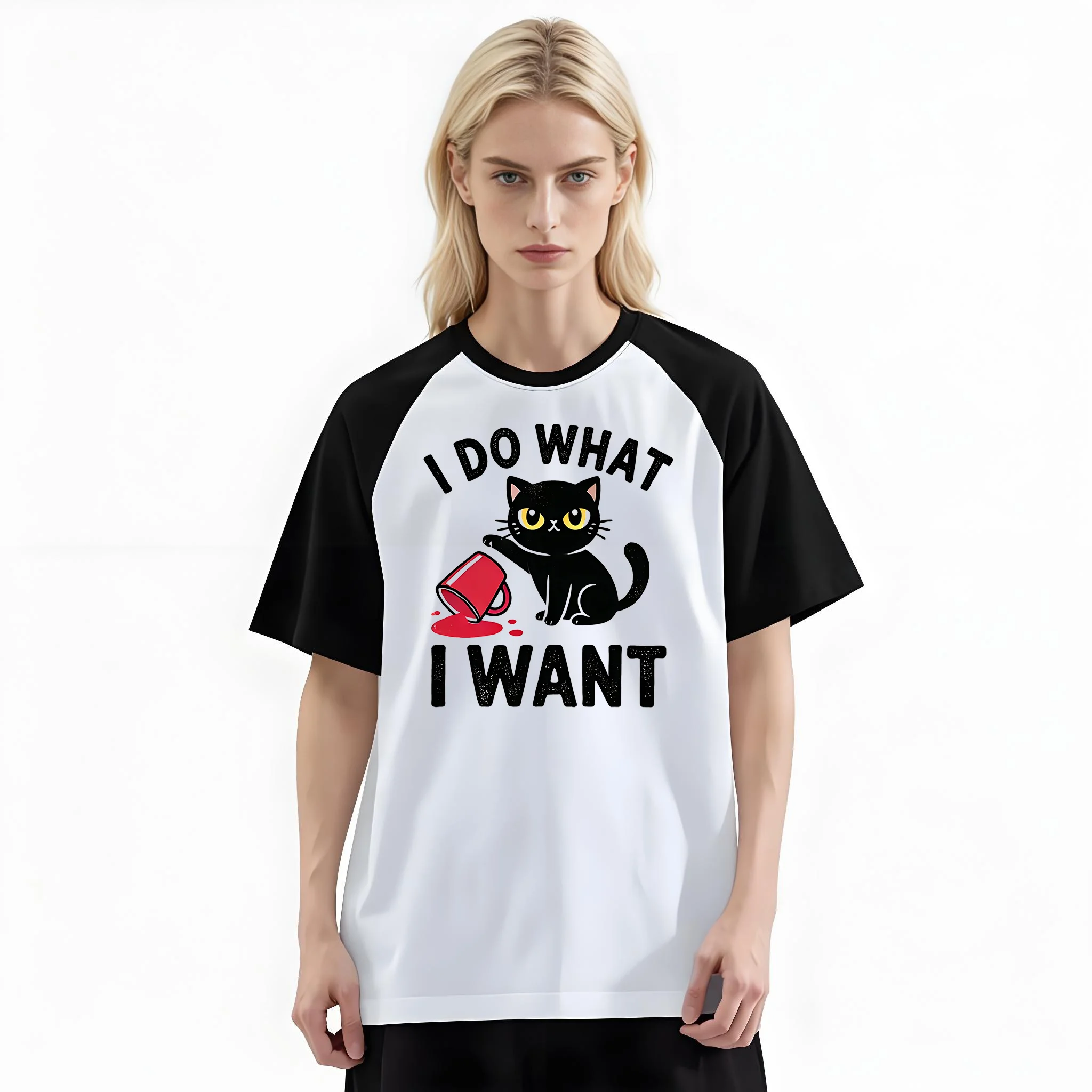 Women'S Fashion Raglan Sleeve T-Shirt, I Do What I Want Black Cat Spilled Red Cup Sassy Funny Cat Lover Printed, Summer Casual Comfortable Tee, Women'S Everyday Short-Sleeve Top