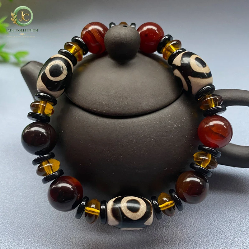 Tibetan Agate Three-Eyed Dzi Bead Bracelet, Single-Loop Red Bracelet for Men and Women, Black Hand-Crafted, Live-Stream Sales, J