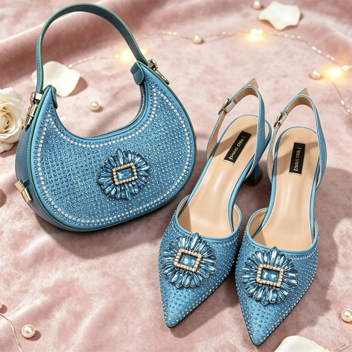 Elegant Sky Blue Satin Rhinestone Bow Slingback Heels & Clutch Bag Set - Women's Bridal Accessories for Wedding, Party, Evening