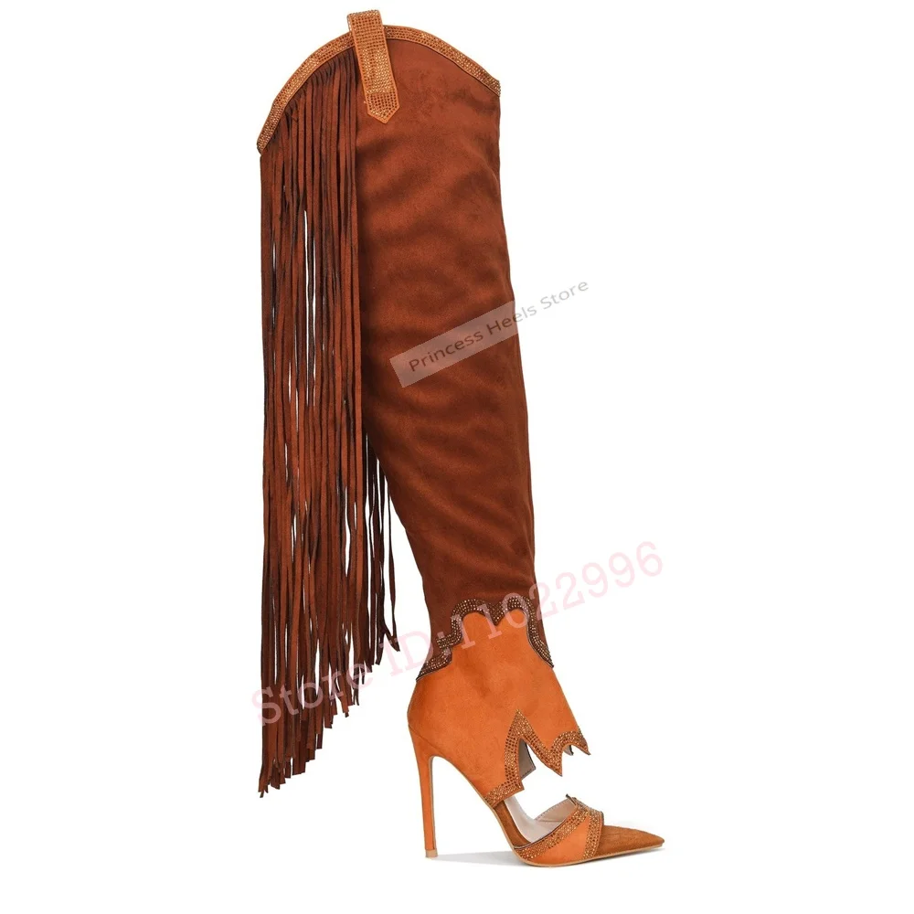 

Ботинки с открытым носком и ремешками с кисточками. Женская летняя пикантная обувь. Лоскутная замшевая обувь на шпильке. Дизайнерская повседневная обувь без шнуровки с кристаллами.