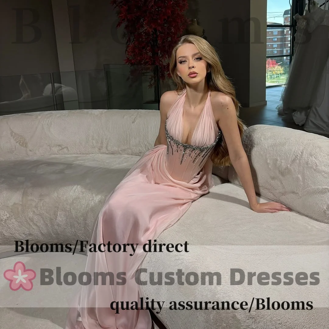 Customized Pink Halter Rhinestone Sexy Evening Dress Chiffon Ruched Sweet Back Lace-up Wedding Prom Dresses Floor-Length