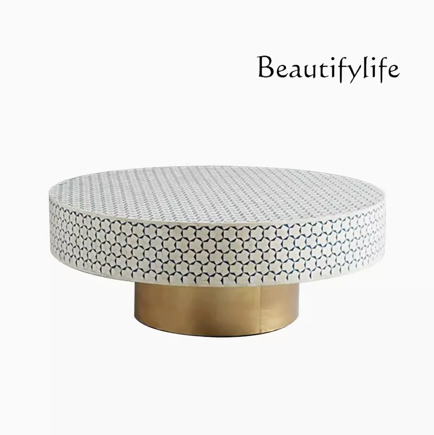 

Nordic Retro Hand-Painted Shell Pattern Stainless Steel round Coffee Table Modern Light Luxury High Sense Tea Table