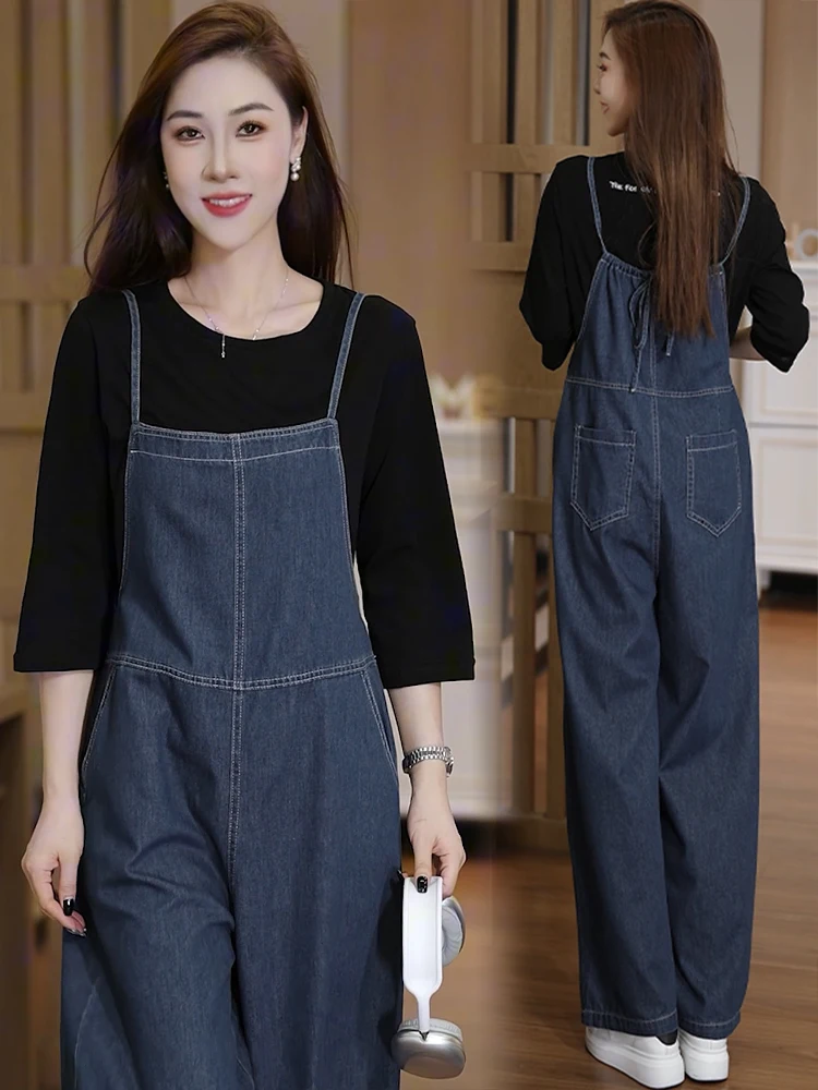 Faionable macacão jeans feminino longo sve camiseta conjunto de duas peças emagrecimento sle cintura alta casual wear outono nova chegada