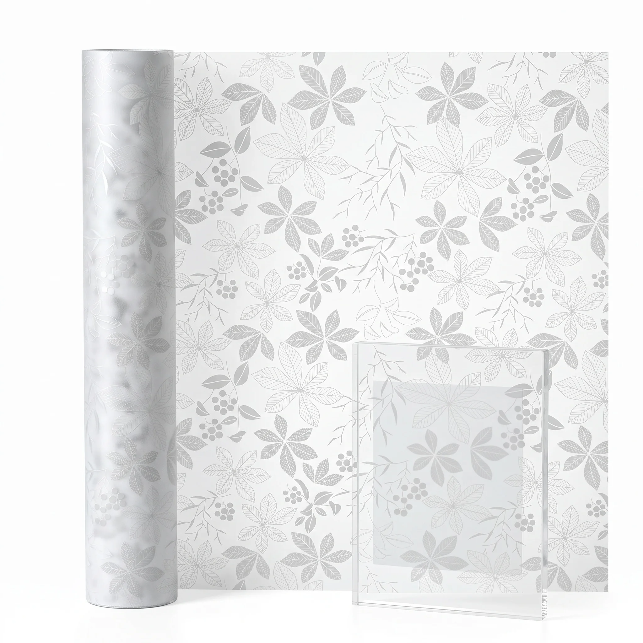 Grey Leaf Floral Self-Adhesive Window Film 70/80/90cm Privacy Anti-UV Waterproof Removable Decor for Bathroom Bedroom