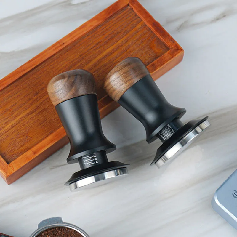 51/53/58mm Coffee Tamper Walnut Adjustable Height Balanced Fixed Force Espresso Coffee Tamper Stainless Steel Flat/Thread Base