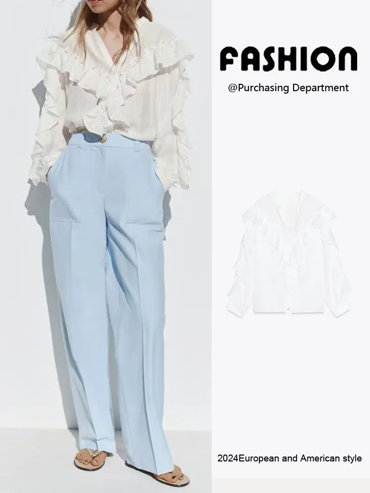 

Spring New Arrival Women's irt Long Sve Vertical Ruffle Decorative Layered Design Commute Sle Loose Fit Color