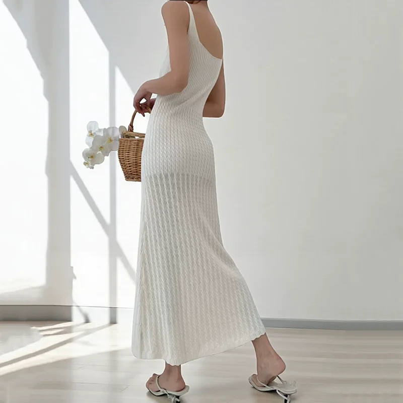 Vestido francês de malha sem costas com alça espaguete feminino verão transparente decote em V vestido longo e fino