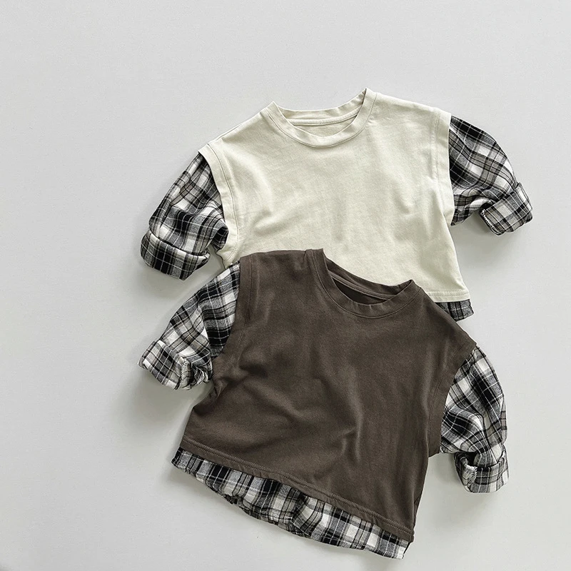 Spring Autumn Children T-Shirts 1-8Y Boys Cotton Patchwork Plaid Long Sleeve T Shirts Korean Tops Tees Toddler Wear Kids Clothes