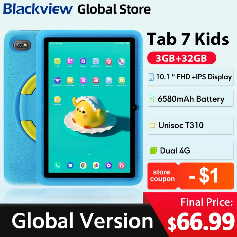 Blackview Tab 7 Kids 10.1インチディスプレイ 5GB(3+2拡張) 32GB ROM 6580mAhバッテリー デュアル4G Android 11 落下防止子供用タブレット