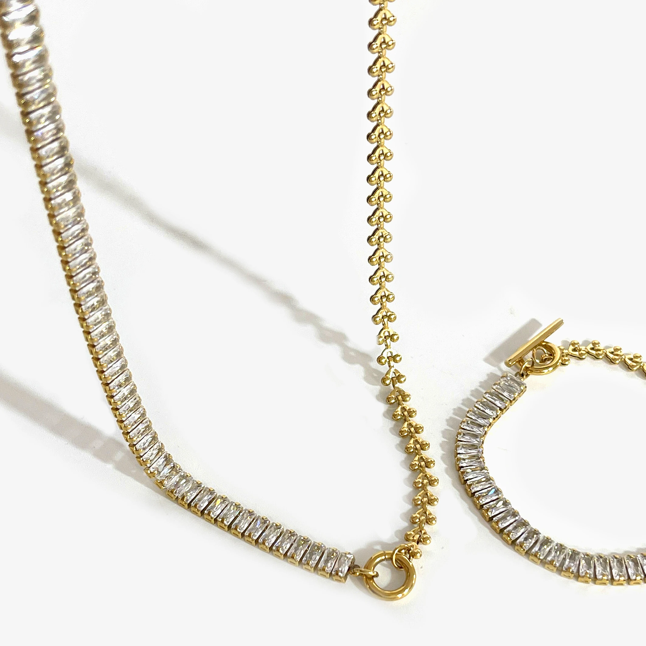 Peri'sbox Stylish Gold Pvd Plated Wheat Ear Chevron Chain Baguette Cubic Zirconia Tennis Choker Necklace Stainless Steel Jewelry