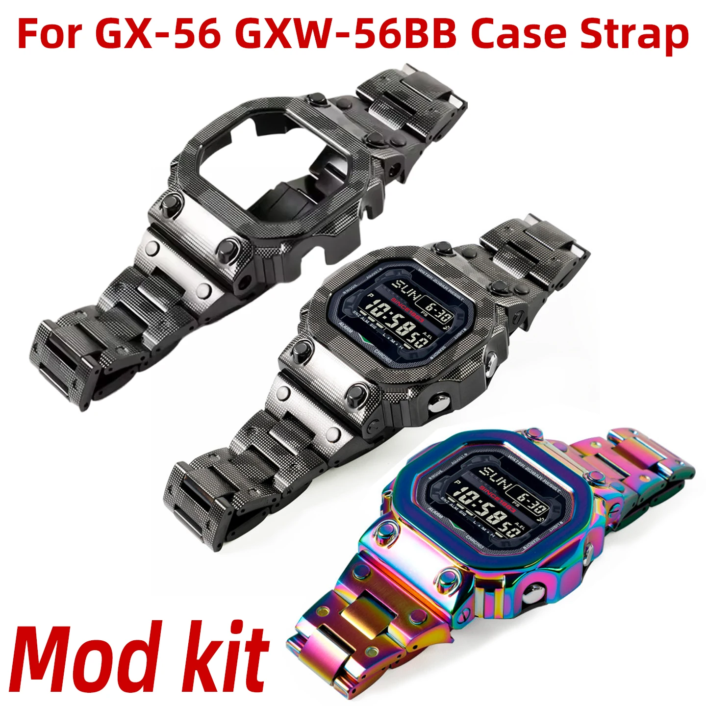 GX56 Mod Kit Metal Case Strap for Casio Square Block Series GXW-56BB - Modified Carving Camouflage Case & Strap