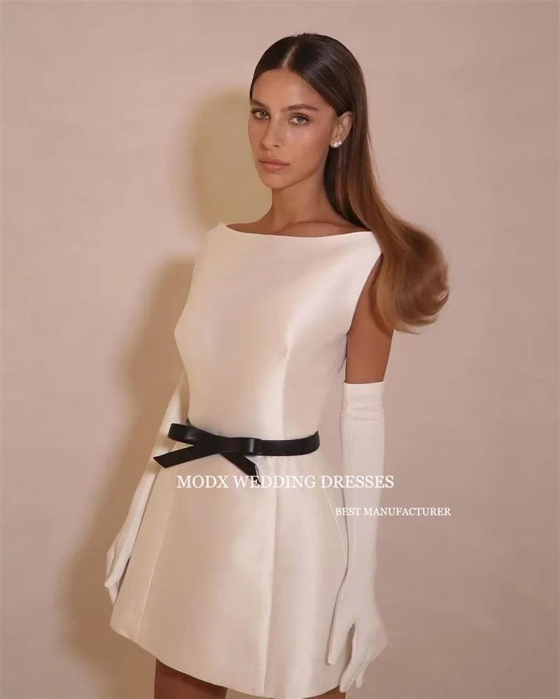 MODX Simple Scoop Neck Mini Short Wedding Dresses Us Women Satin Black Belt Bride Gowns Formal Party Dress Customized