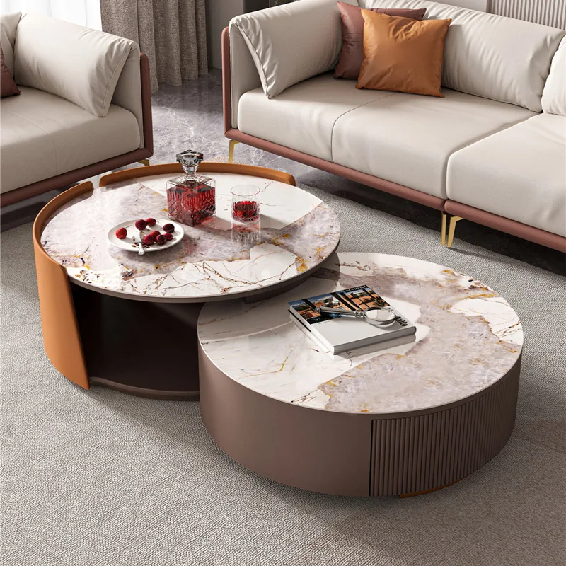 Modern simple Pandora rock slab coffee table small apartment living room telescopic size round coffee table TV cabinet combinati
