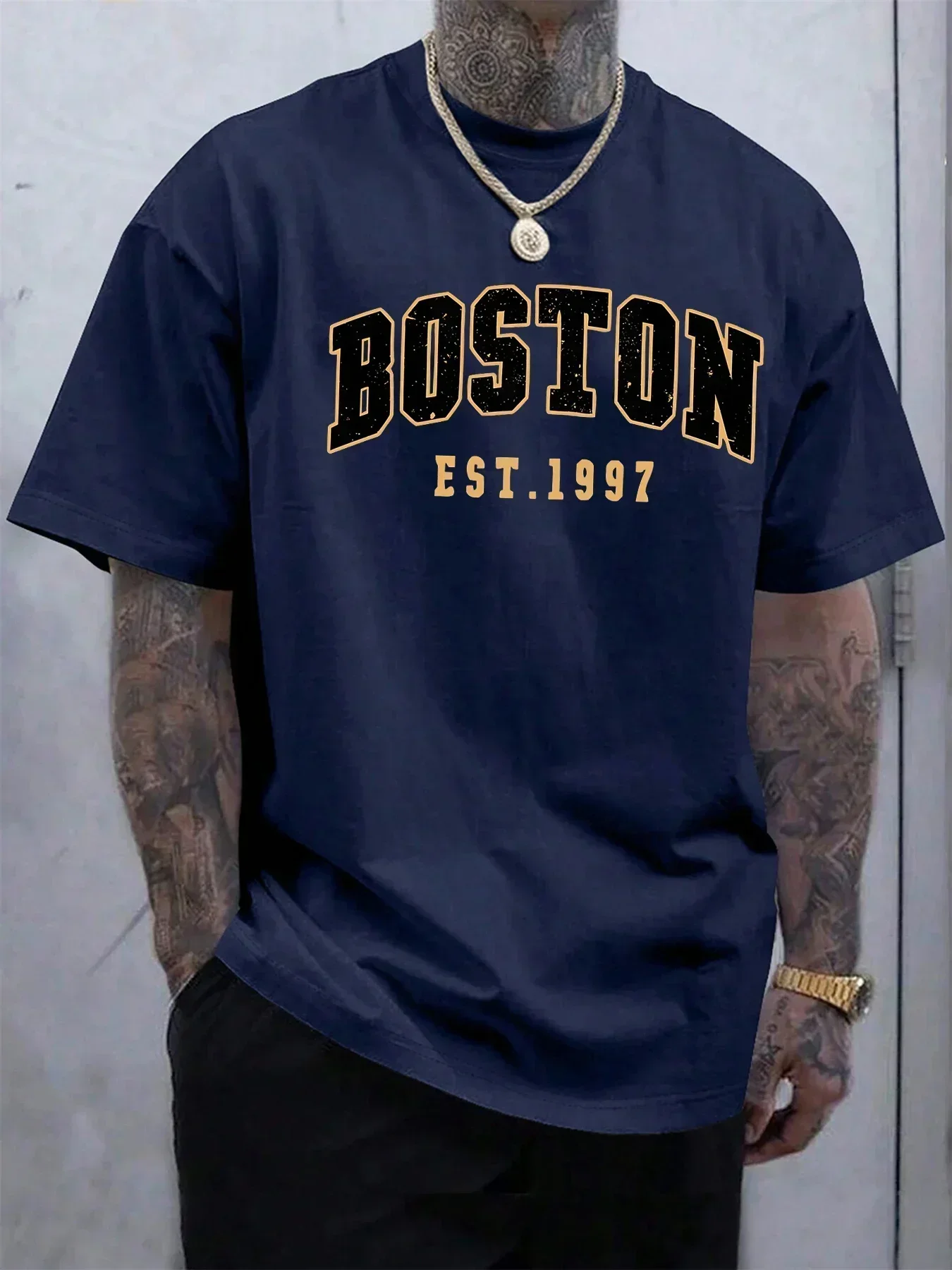 Summer Men's 100% Pure Cotton Casual Fashionable Loose Boston EST 1997 Printed Round Neck Short Sleeved T-Shirt Versatile Top