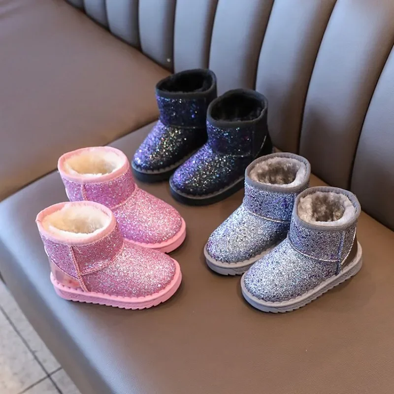 Children Winter Thickened Snow Boots Girls Comfortable Solid Color Fleece Short Cotton Boots Womans Warm Sequin Bow Cotton Shoes