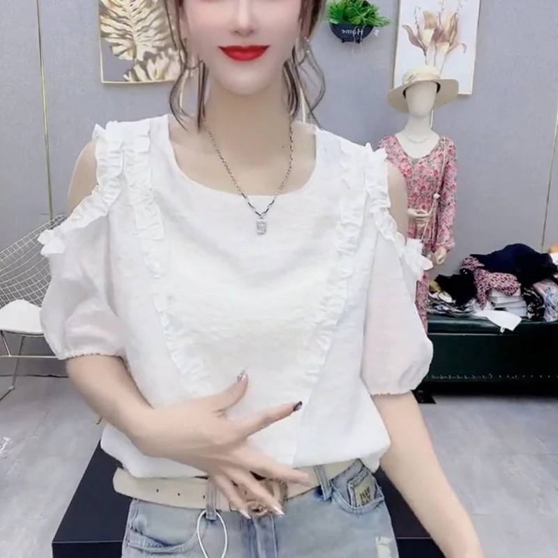 Fashion O-Neck Ruffles Off Shoulder Puff Sleeve Blouses Women's Clothing 2024 Summer New Loose Commuter Tops Casual Shirts