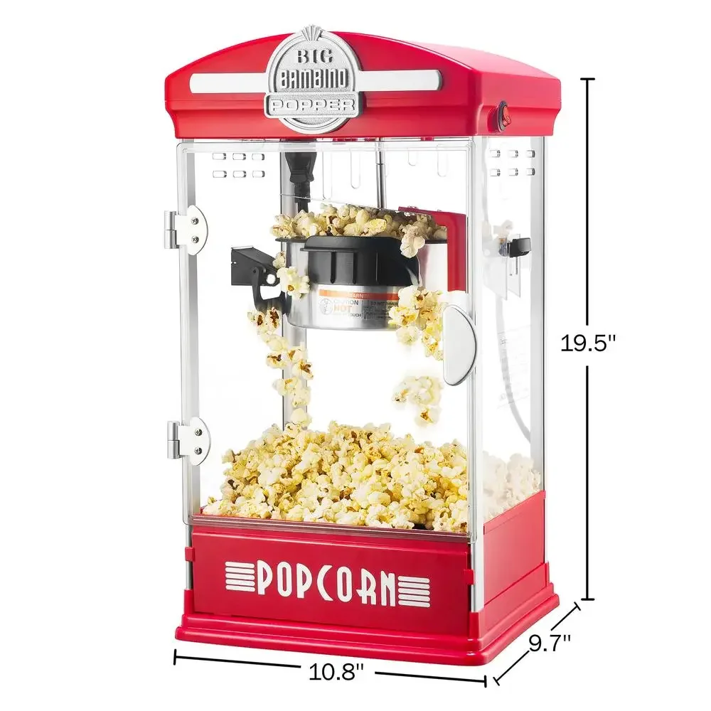 Movie Style Retro 4oz Popcorn Maker Stainless Steel Kettle Compact Tabletop Machine Kit Tray Scoop Light Bulb Red Mini Cinema