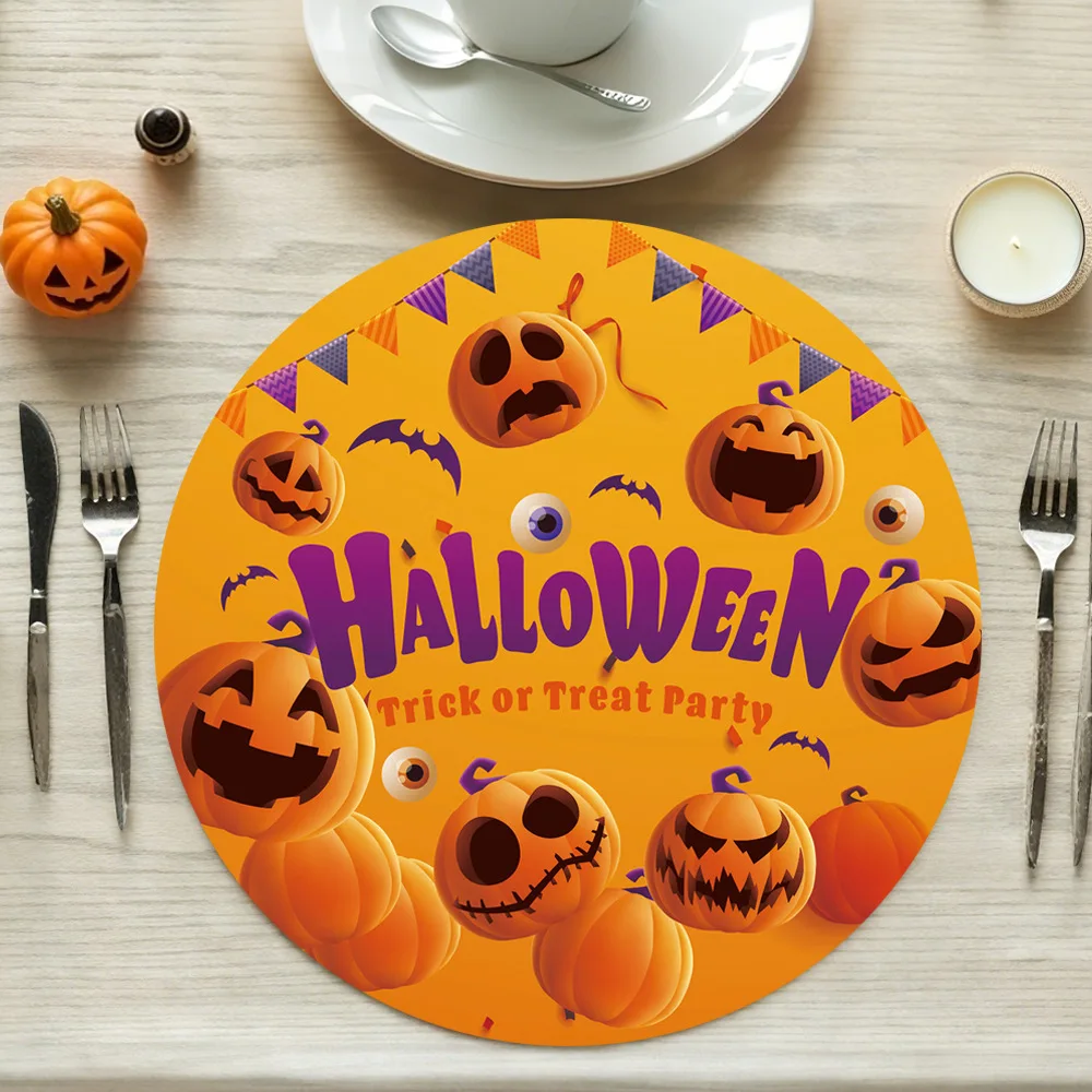 VIKAMA Halloween Black Cat Moon Round Placemat Pumpkin Table Mat Waterproof Heat Resistant Plate Pad Party Dining Decor