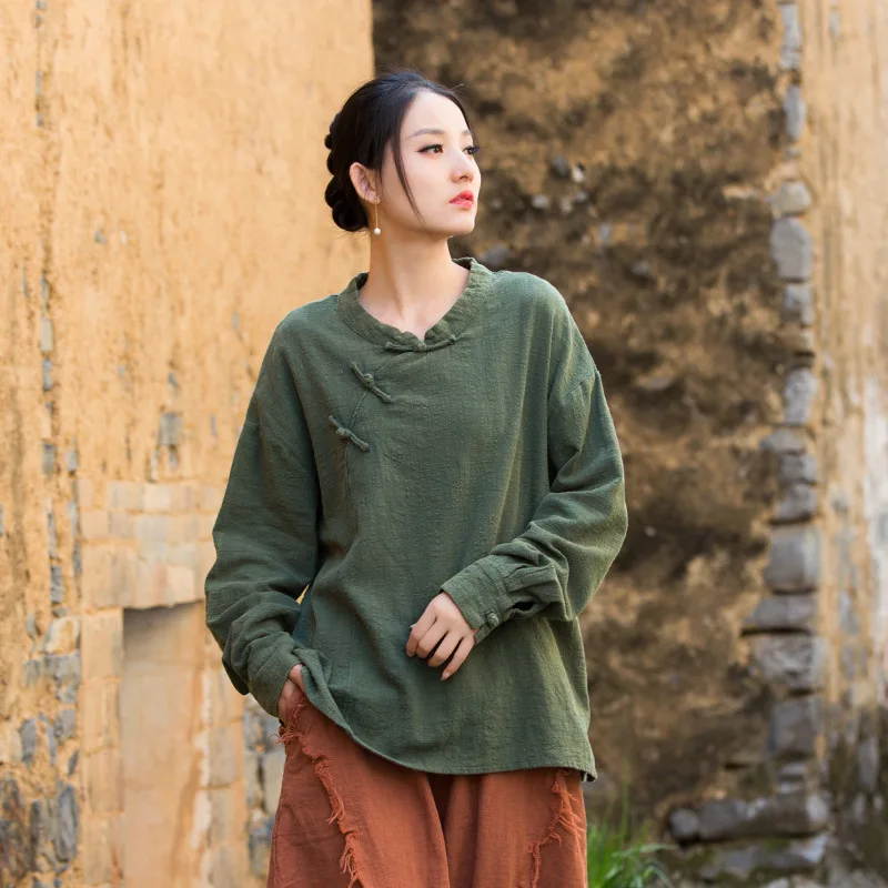 بلوزة F/W Ramie: تصميم أصلي، ياقة على شكل ضفدع مع دانتيل، طراز صيني حديث. #3