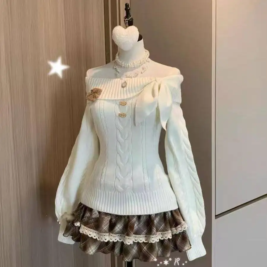 Kawaii Japanese Style 2 Piece Set For Women Solid Knit Sweater Slim Plaid Mini Skirt Y2K Harajuku Fashion Casual Outfit view 3