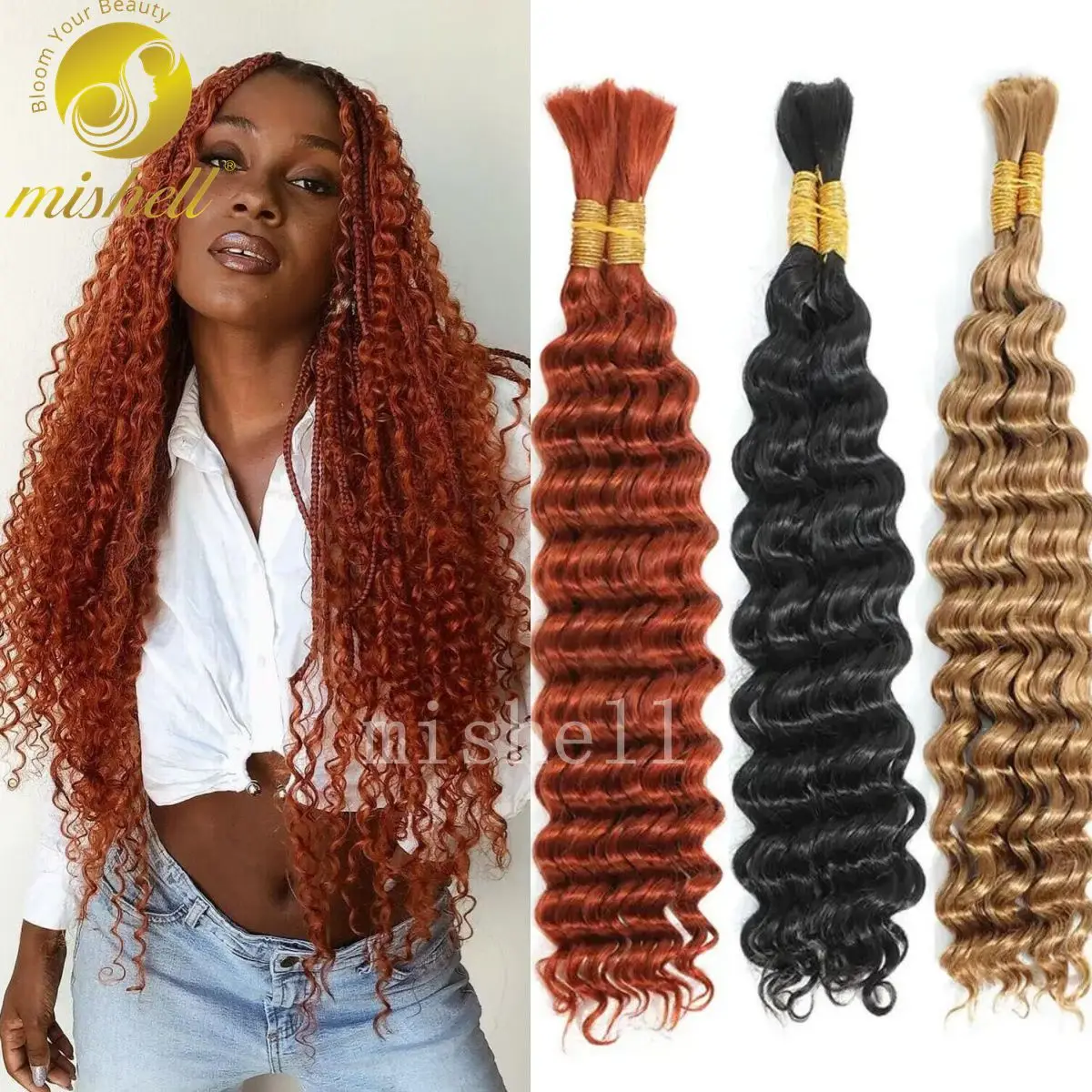 

12A 350# Ginger Orange Deep Wave Human Hair Bulk for Boho Braids Water Wave Virgin Human Hair Bundles No Weft for Braiding