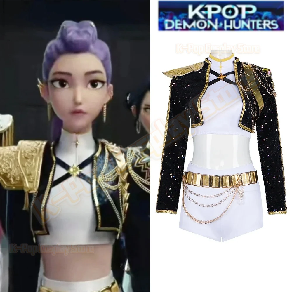 

New KPop Demon Hunters Rumi Cosplay Costume Black Gold Kids Uniform Set Synthetic Wigs Outfit Girls Halloween Role Play Party
