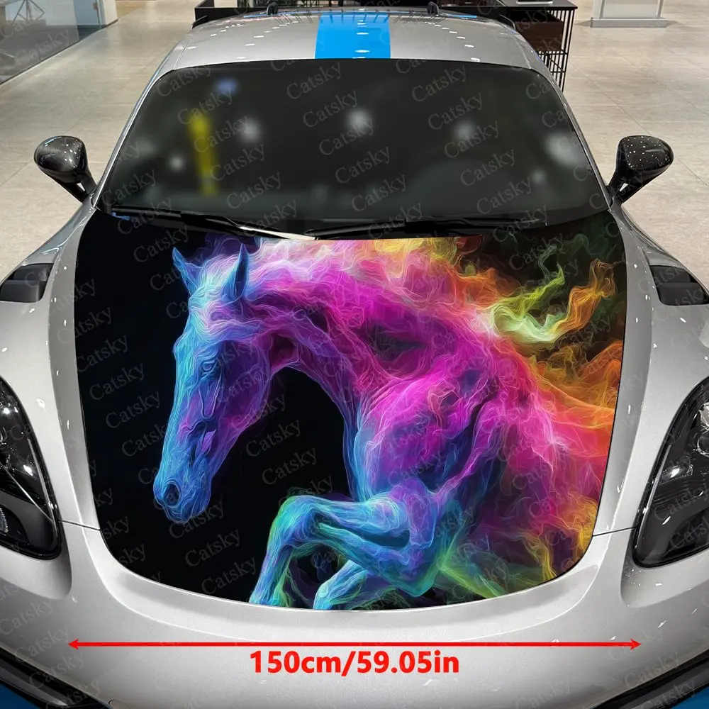 Color Flame Galloping Horse Car Vinyl Wrap, PVC Material Waterproof Car Hood Sticker, Self-Adhesive Scratch-Resistant Stickers