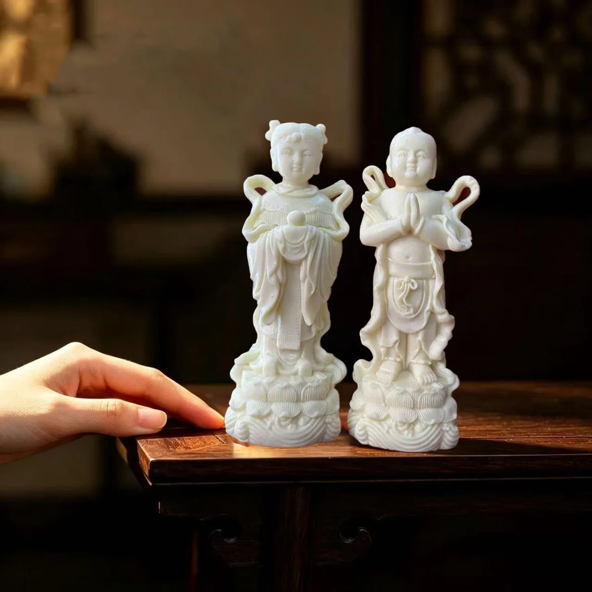 Golden Boy Jade Girl Feng Shui Statue Pair Ivory Color Carved Lucky Children Figurine for Home Office Wealth Desk Decor