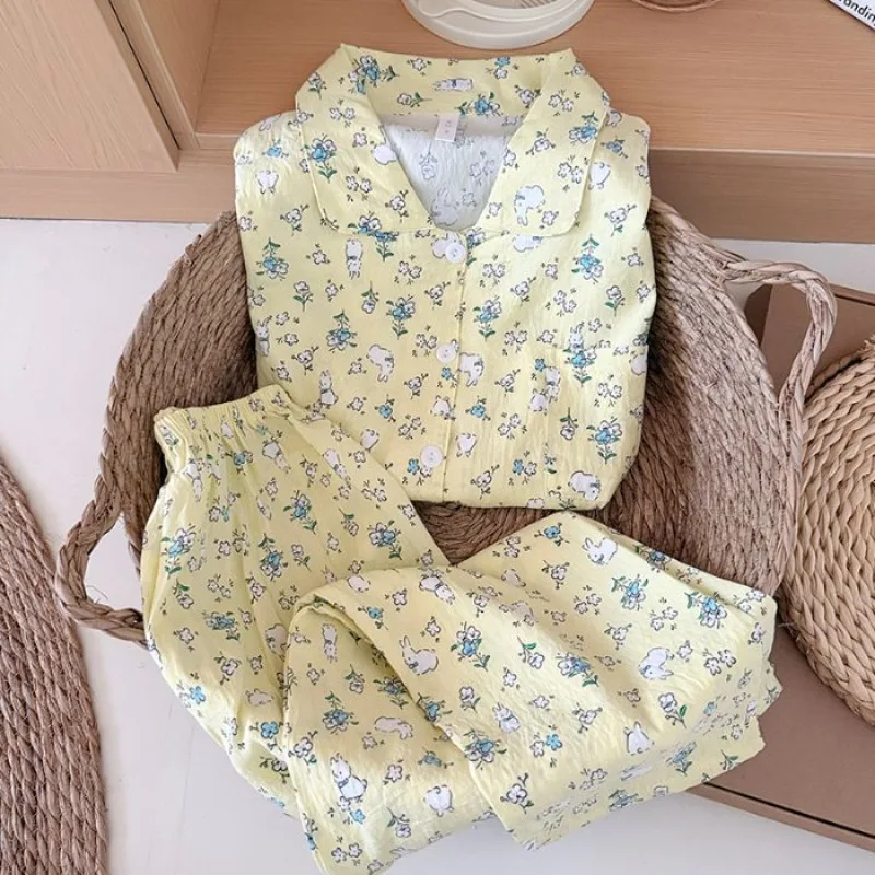 Women Spring Autumn Loungewear Cute Printed Pajamas Pants Girls Student Long Sleeve Long Pants Set Woman Soft HomeWear Teen Lady