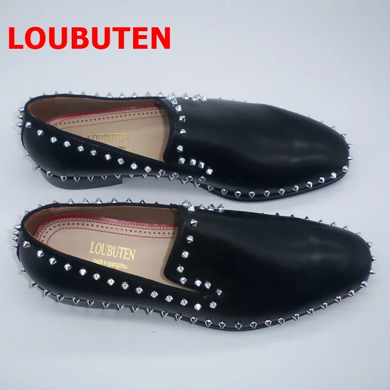 LOUBUTEN Genuine Leather Shoes Men Spiked Loafers Luxury Handmade Red Bottom Shoes Mens Dress Shoes Slip On Casual Shoes