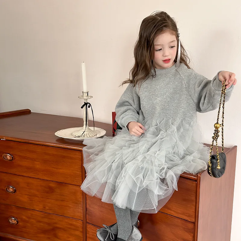 Winter New Girls Warm Fleece Princess Dress Fashion Child Ruffle Tulle Mesh Splicing Long Sleeve Sweatshirt Fairy Outfit Clothes