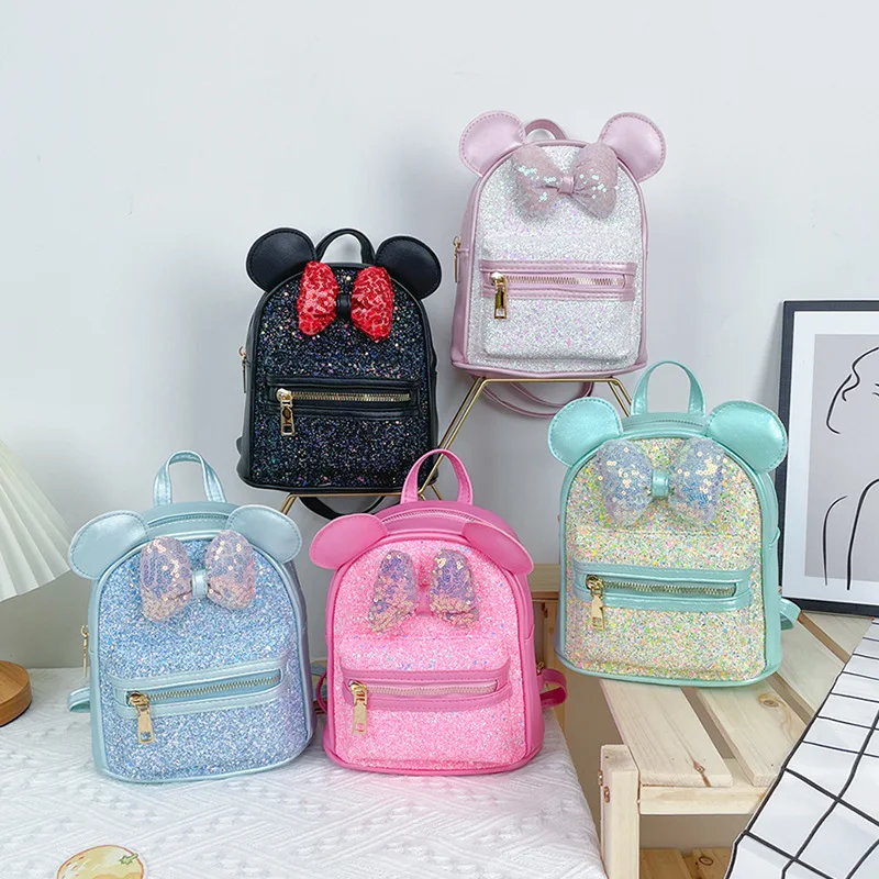 Novas crianças lantejoulas mochila menina moda tendência faísca arco orelhas bonito saco de escola princesa saco de viagem ao ar livre bg129