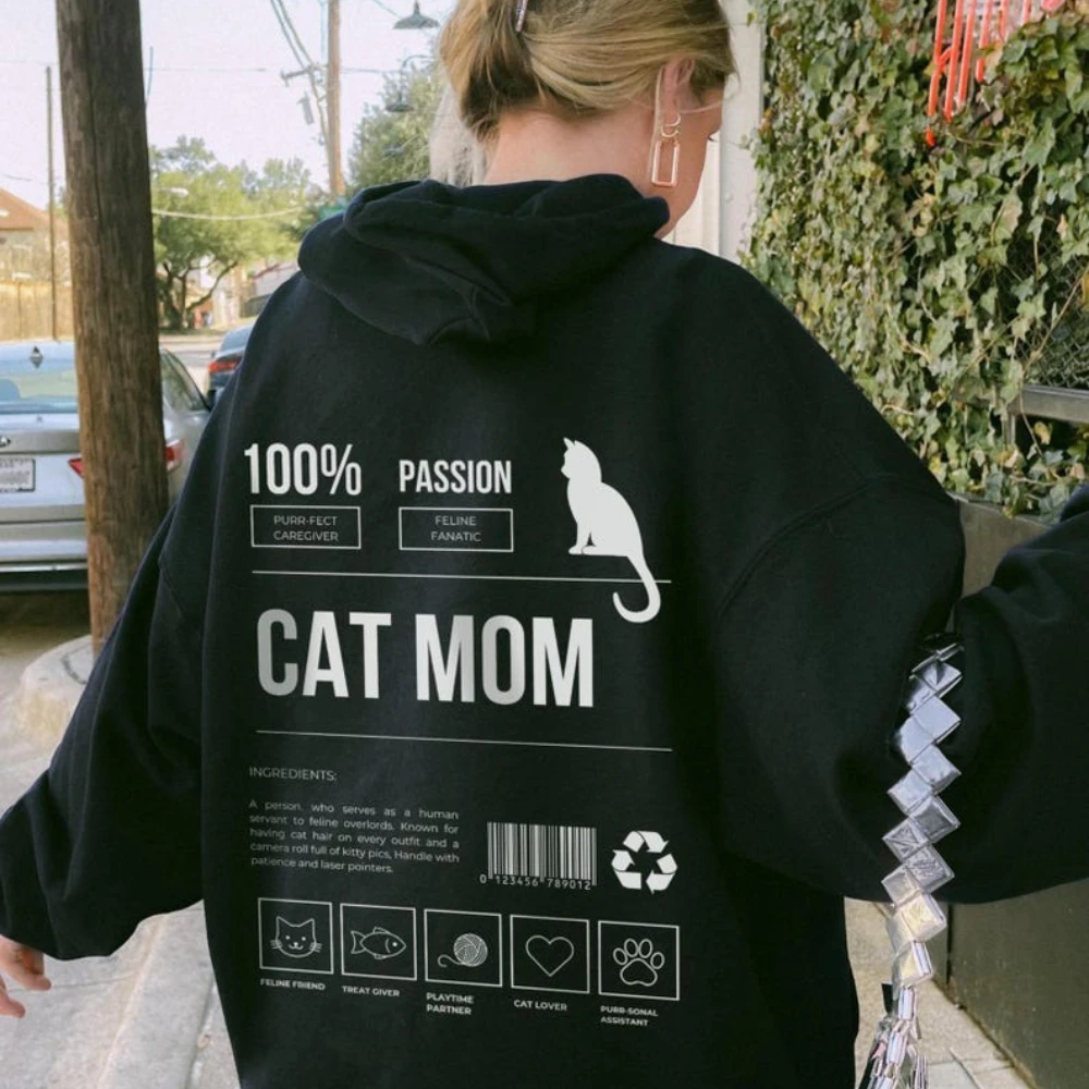 

Толстовка с капюшоном «Кошка-мама», забавный принт на спине, любитель кошек, минималистичный уличный стиль, эстетический подарок для владельца, удобный свитшот с принтом