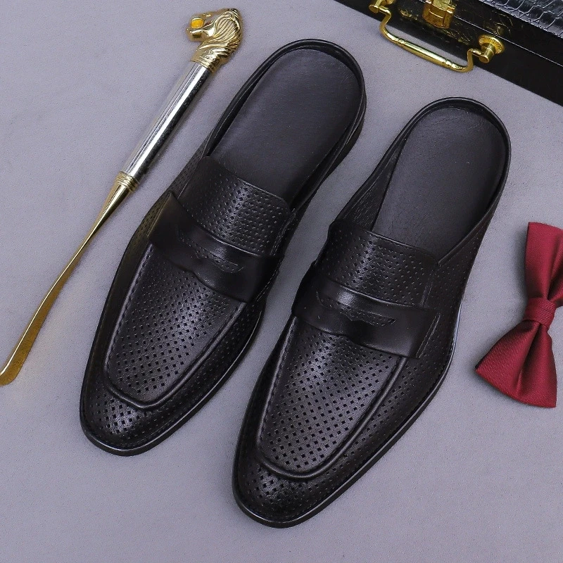 Closed Toe Half Shoes for Men Black Mules Slippers Slip on Genuine Cowhide Leather Hollow Out Flat Sandals Man Summer 2025