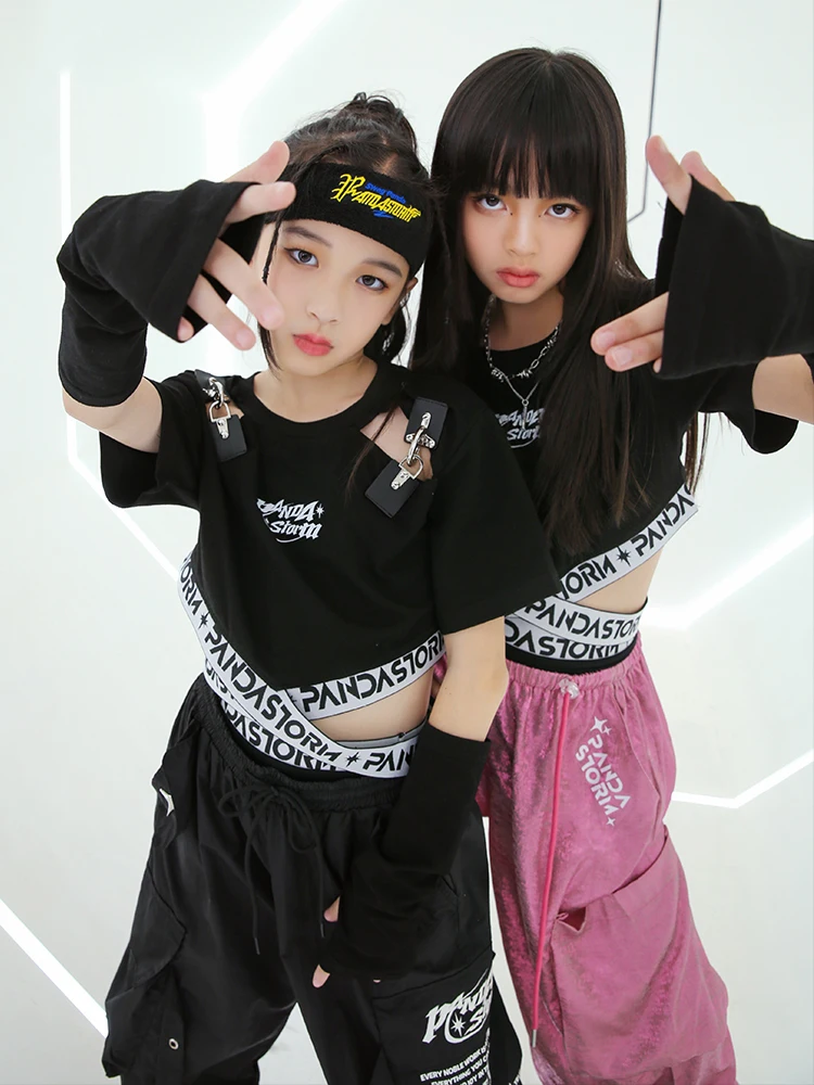 Kpop Jazz Tanz Kostüm Mädchen Kleidung schwarz Crop Tops Mode Hosen Hip-Hop Performance Kleidung Kinder modernes Tanz Outfit bl12018