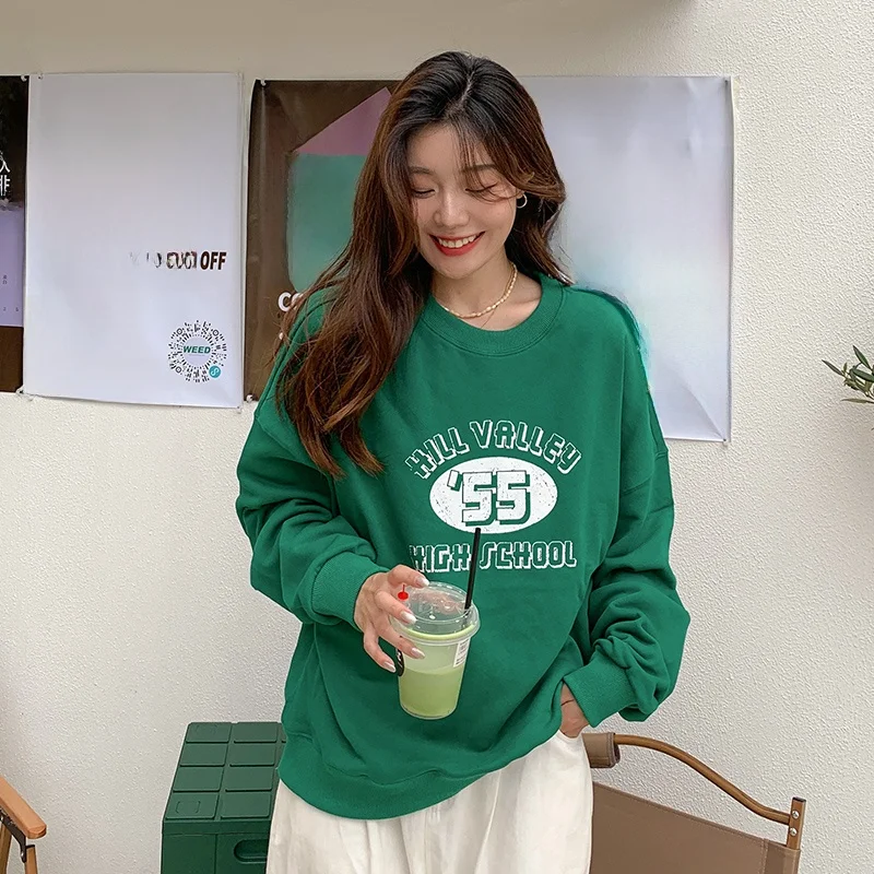

American Style Lazy round Neck Sweatshirt Women's Loose Fit Spring Autumn New Arrival Vintage Blue Outerwear Top