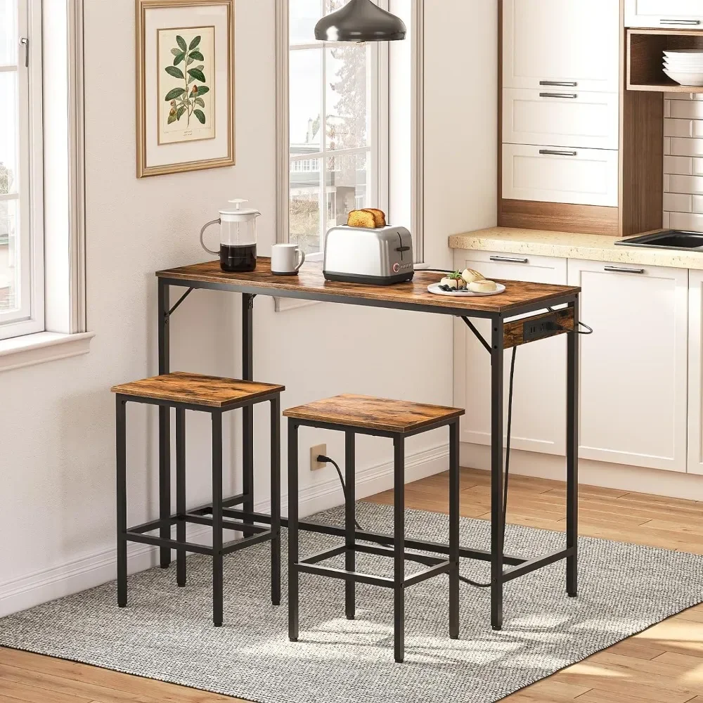 Bar Table Set with Power Outlet,47.2“ Bar Table and Chairs Set, 3-Piece Pub Table Set for Small Space, Kitchen Bar Height