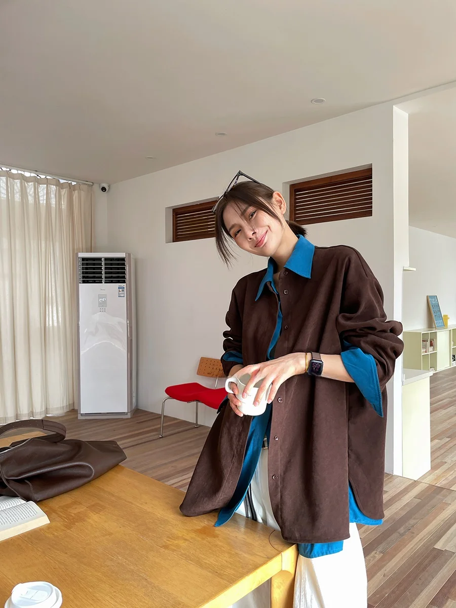 

Кофейно-коричневая кофта с эффектом похудения JCCC adow Deep Sea, осенне-зимняя, универсальная, с контрастными вставками, имитация двухслойности