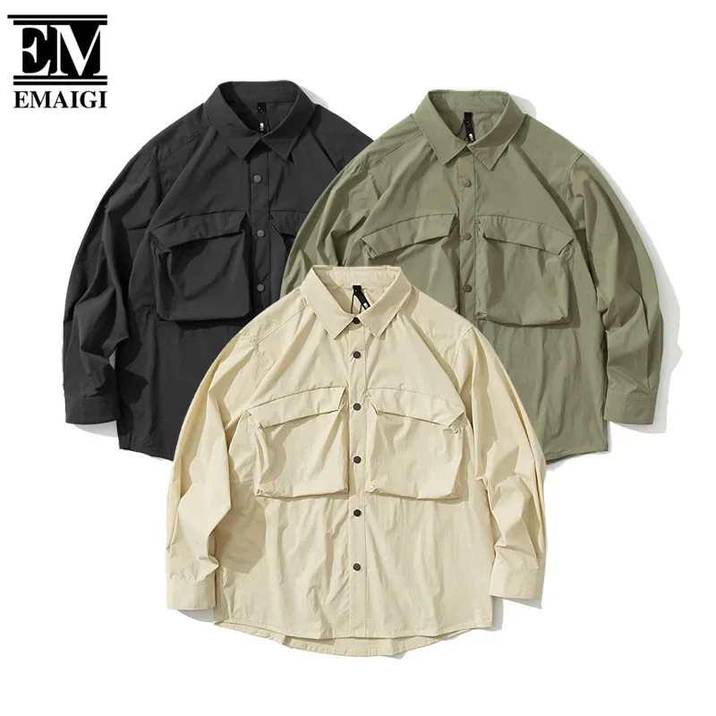 Men Loose Casual Long Sleeve Outdoor Quick Dry Cargo Shirt Cityboy Japanese Streetwear Fashion 3D Pocket Oversize Shirts Blouses