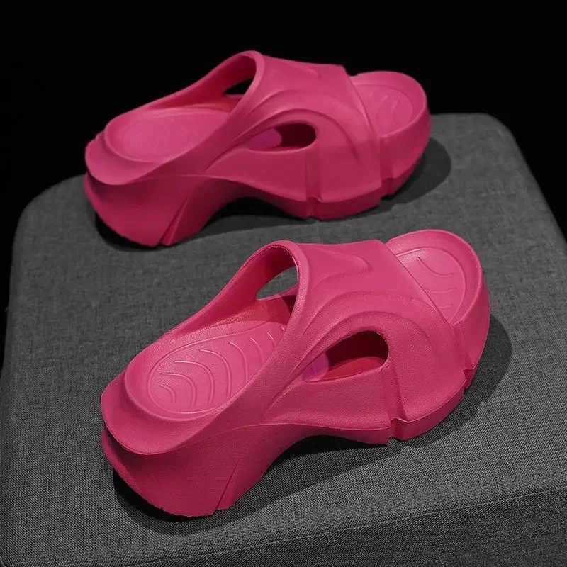 2024 Summer Thick 7cm Outdoor Slippers Internet Celebrity All-Match Waterproof Beach High Heel Soft Bottom Non-Slip Eva Women