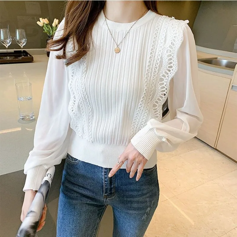 Women\'s Autumn Winter Fashion Elegant Solid Round Neck Pullover Gauze Splice Casual Versatile Bubble Sleeve Loose Chiffon Tops