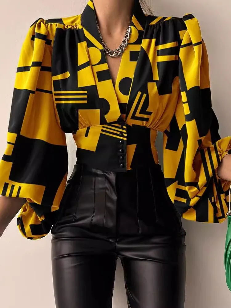 

Женский топ с принтом, V-образным вырезом и длинными рукавами-фонариками