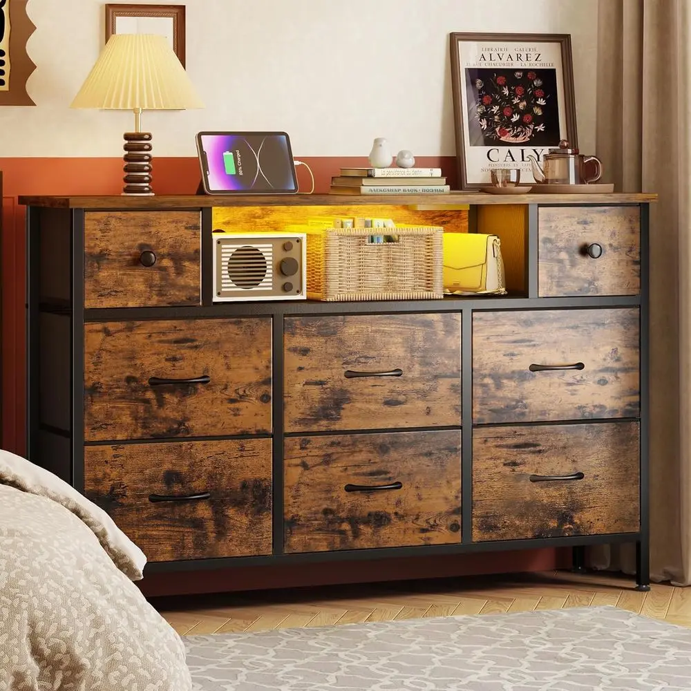 

TV Stand Drer or Bedroom with Storage and LED Lights, Rustic Brown 55" TV Stand with 8 Ders, abric Chest o Ders with Wood Grain