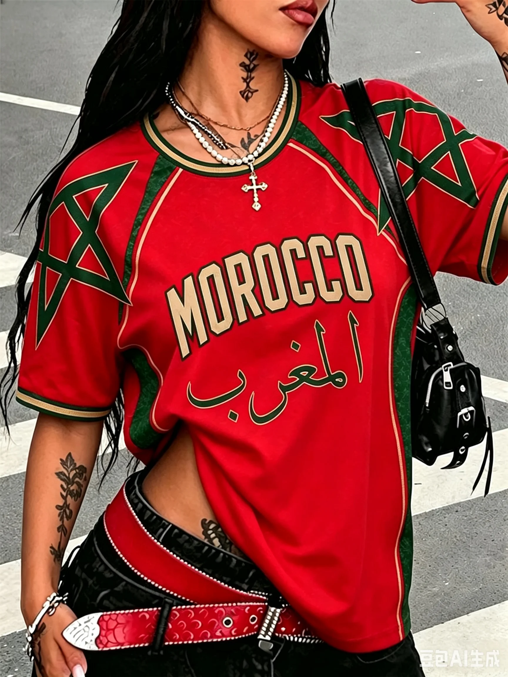 Summer New Vintage Morocco Print Women O-Neck Tops Patchwork Short Sleeve Sports Football Jersey Y2K Morocco Street Tops Fashion