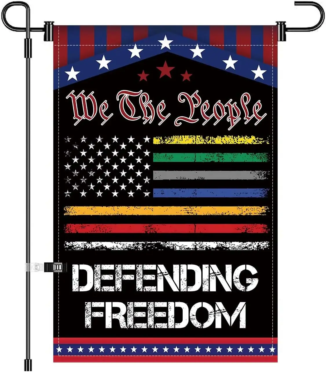 We The People Defending Freedom Garden Flag Patriotic Design with Colorful Stripes Banner 12x18 Inch Double Sided (F4) ZZM