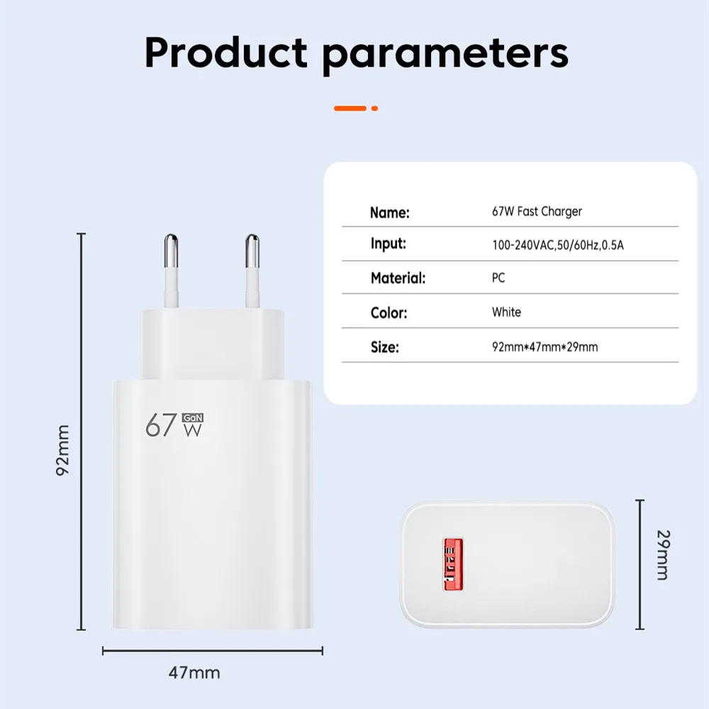 67W GaN USB Fast Charger with 6A Quick Charge Type C Cable For iPhone Xiaomi Samsung Huawei Mobile Phone Charger Power Adapter image 5