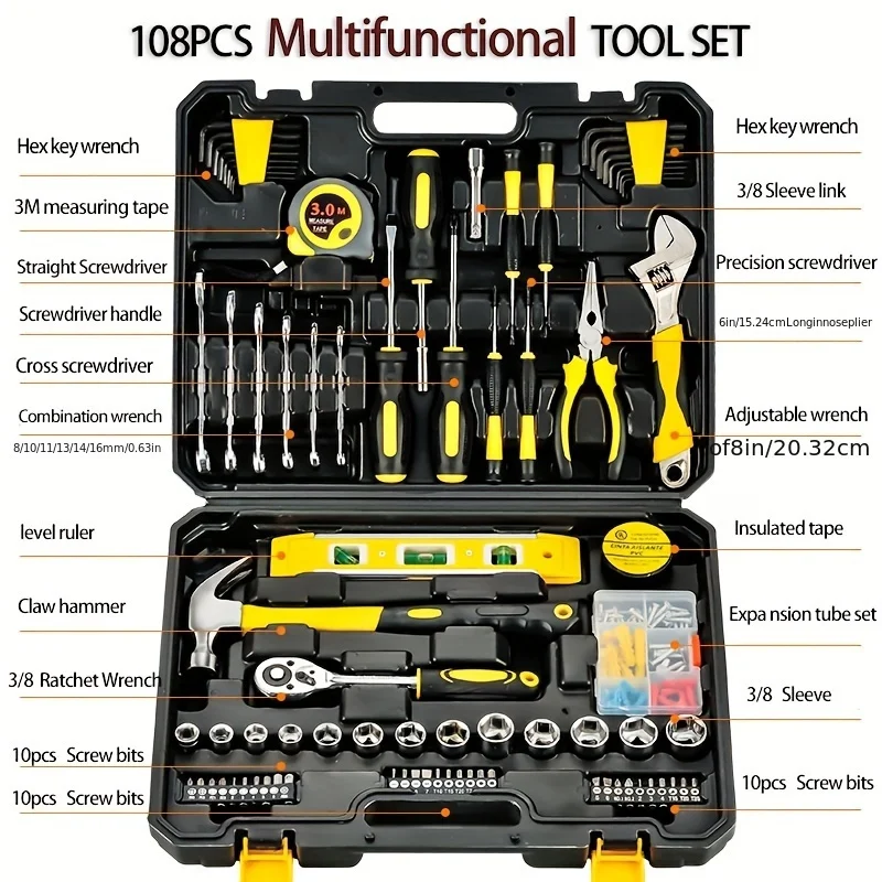 108-Piece Multifunctional Tool Set Home And Auto Repair Kit With Carbon Steel Tools And No Electricity Or Batteries