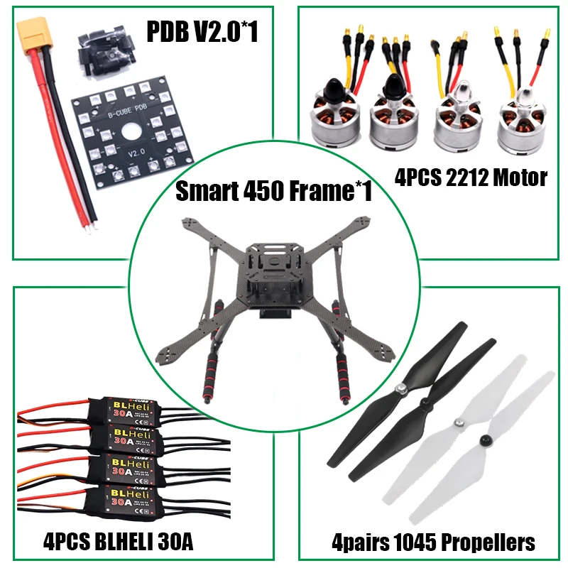 PIXHAWK2.4.8 contrôle de vol en Fiber de carbone Smart450 Kit de cadre Ardupilot 100MW radio télémétrie quadrirotor BLHELI 30A ESC 2212 moteur