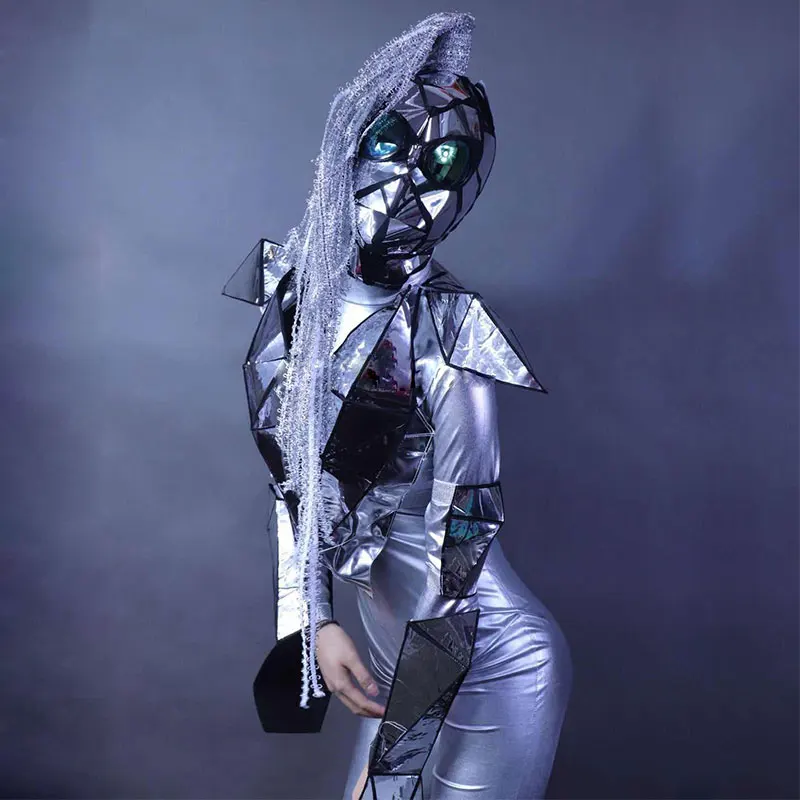 Soldier men and women gogo dance team party rave costume mask Silver mirror costume Future technology show stage jumpsuit set