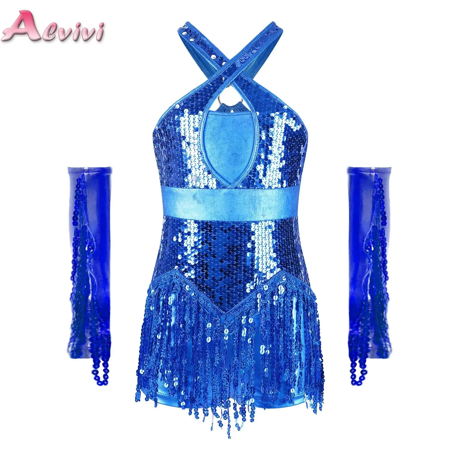 

Kids Girls Latin Dance Cha-Cha Performance Costume Cross Front Cutout Back Sparkly Sequins Tassel Leotard with Metallic Gloves